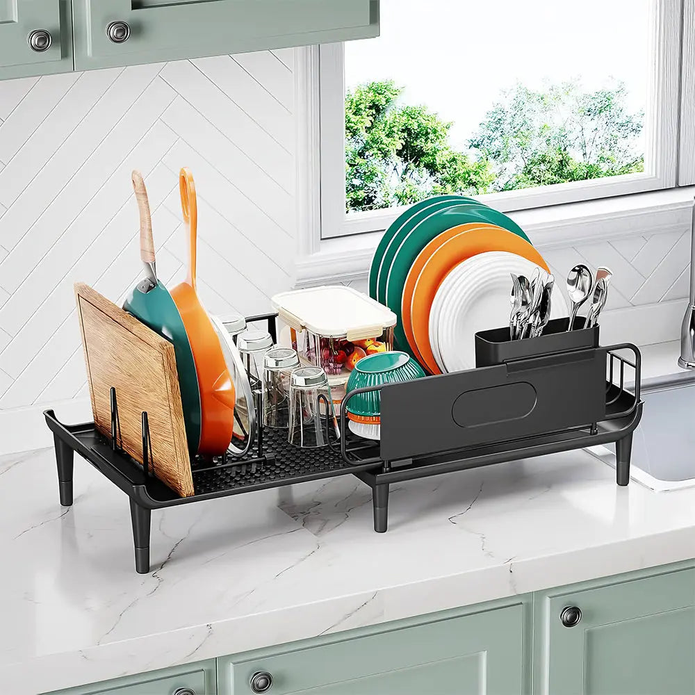 Large Extendable Dish Drying Rack with Drainboard and Anti Leakage Spout for Counter
