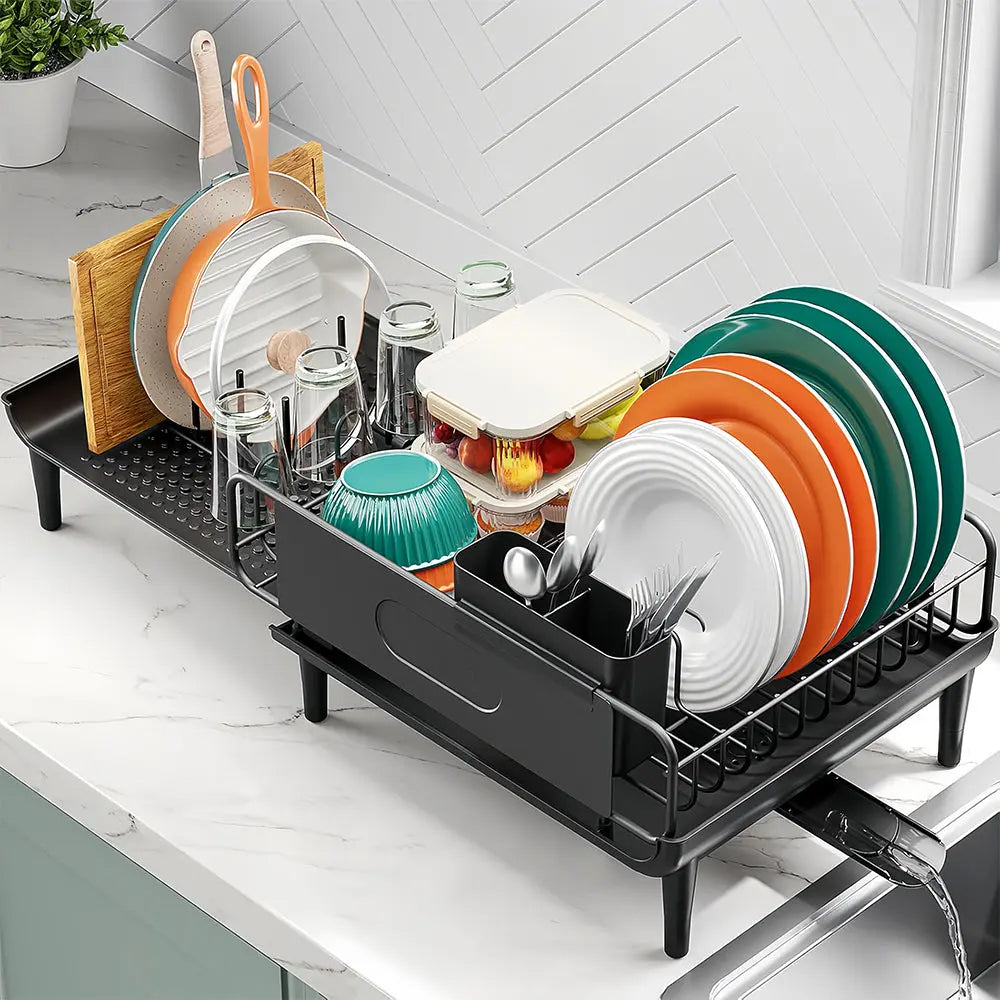 Large Extendable Dish Drying Rack with Drainboard and Anti Leakage Spout for Counter