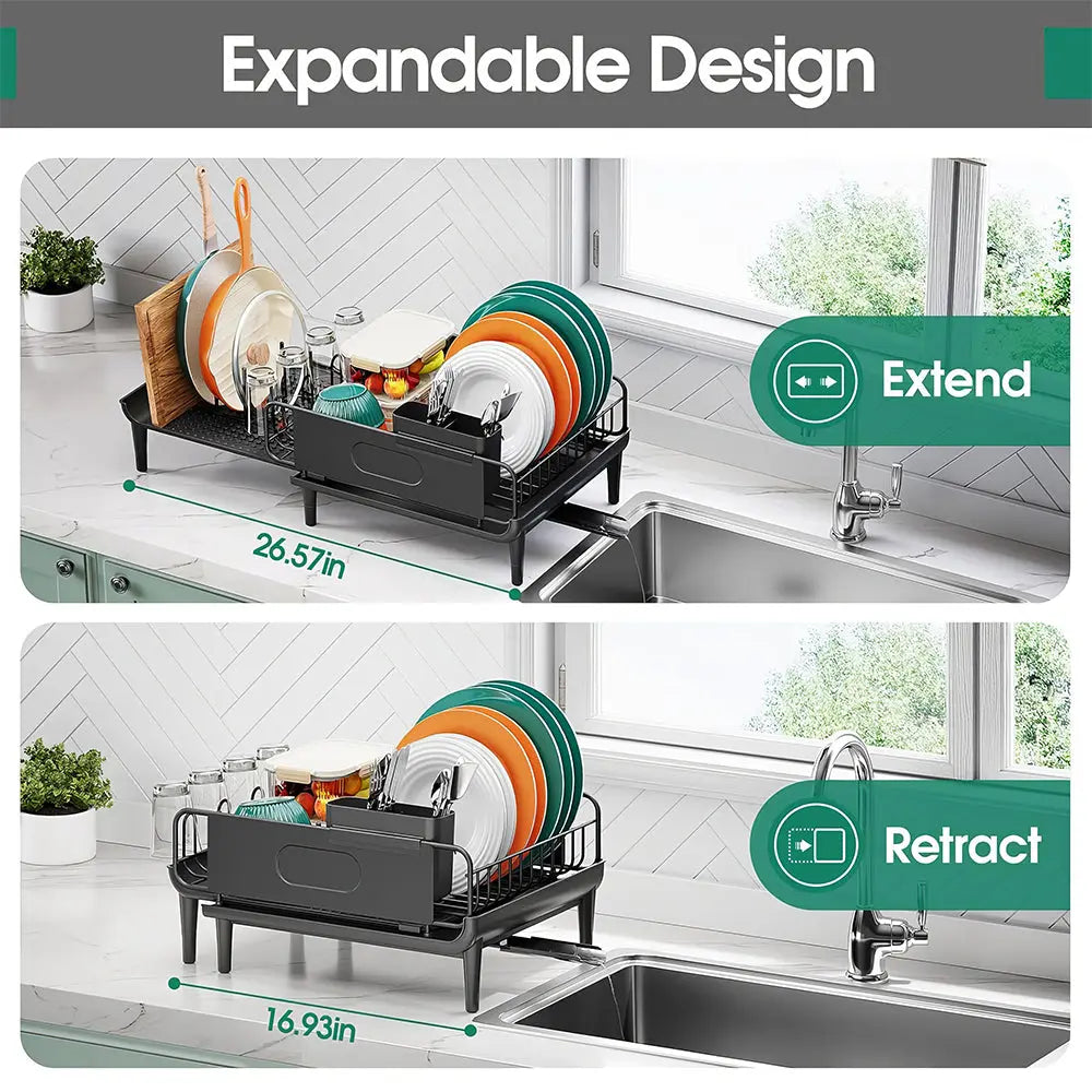 Large Extendable Dish Drying Rack with Drainboard and Anti Leakage Spout for Counter