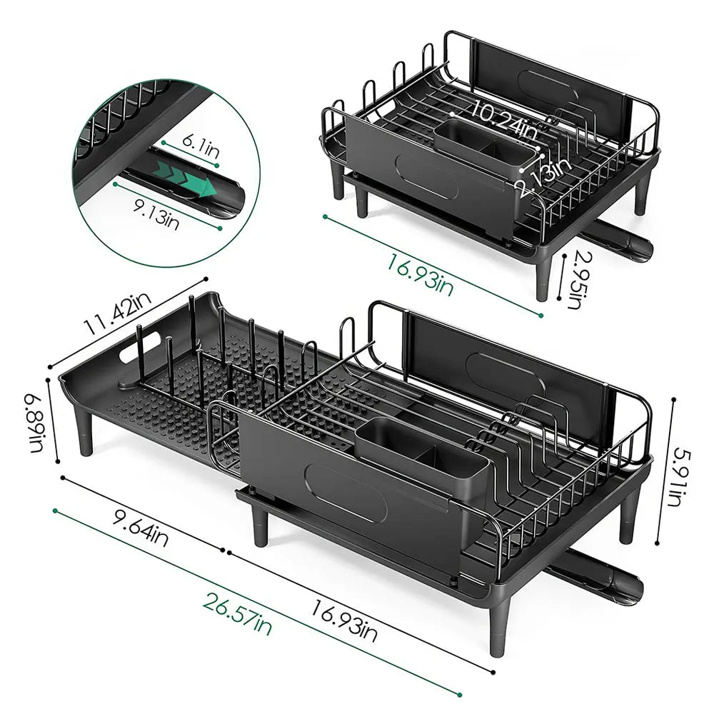 Large Extendable Dish Drying Rack with Drainboard and Anti Leakage Spout for Counter