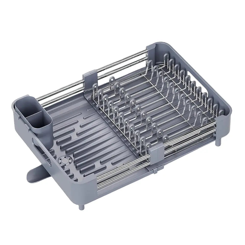 Extendable Foldable Aluminum Dish Drying Rack with Drainboard and Cutlery Holde
