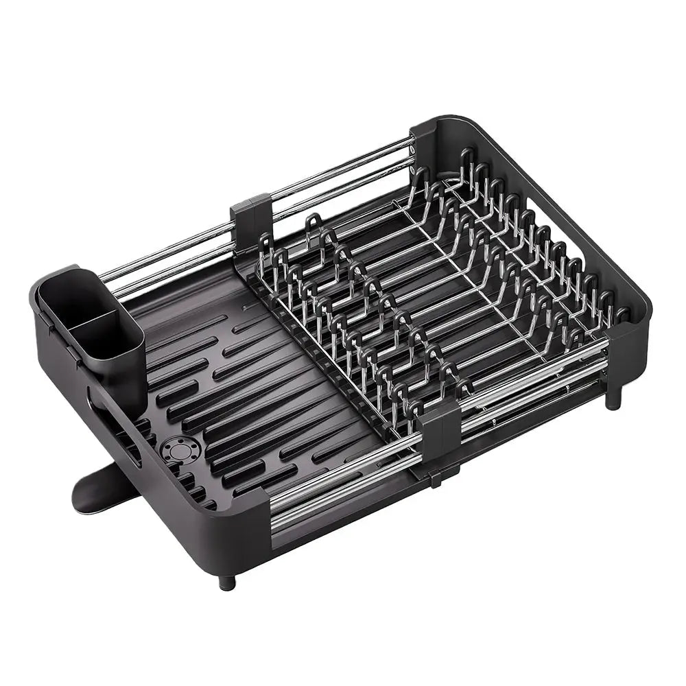 Extendable Foldable Aluminum Dish Drying Rack with Drainboard and Cutlery Holde