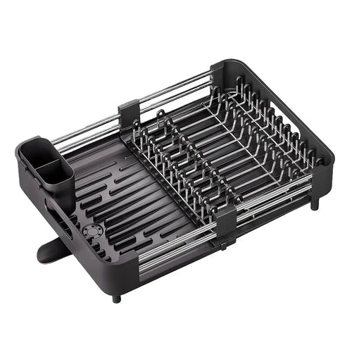 Extendable Foldable Aluminum Dish Drying Rack with Drainboard and Cutlery Holde