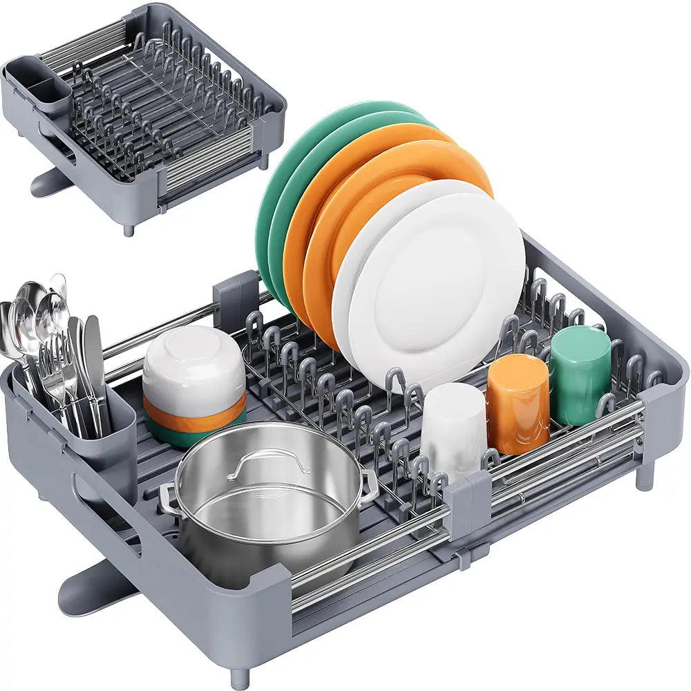 Extendable Foldable Aluminum Dish Drying Rack with Drainboard and Cutlery Holde