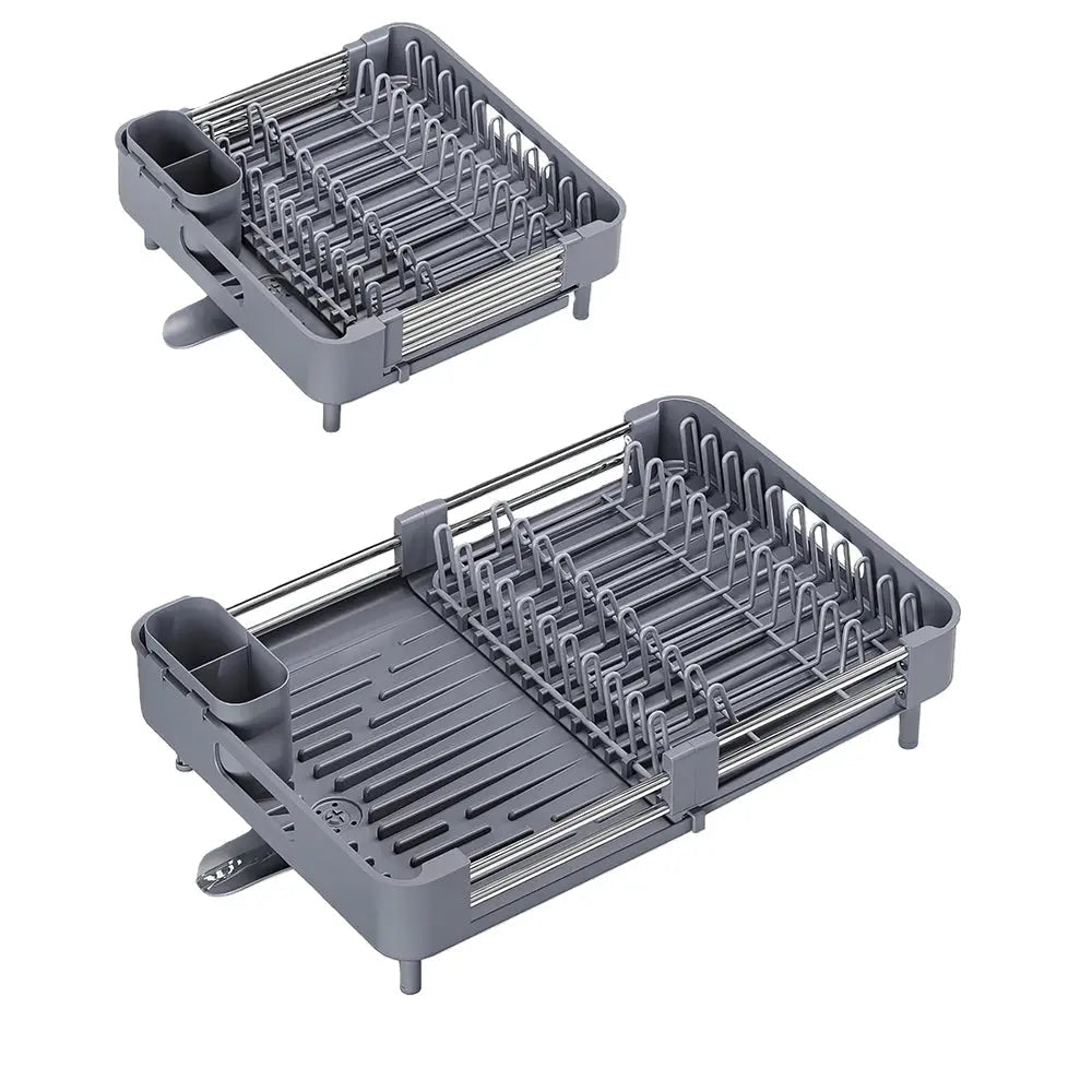 Extendable Foldable Aluminum Dish Drying Rack with Drainboard and Cutlery Holde