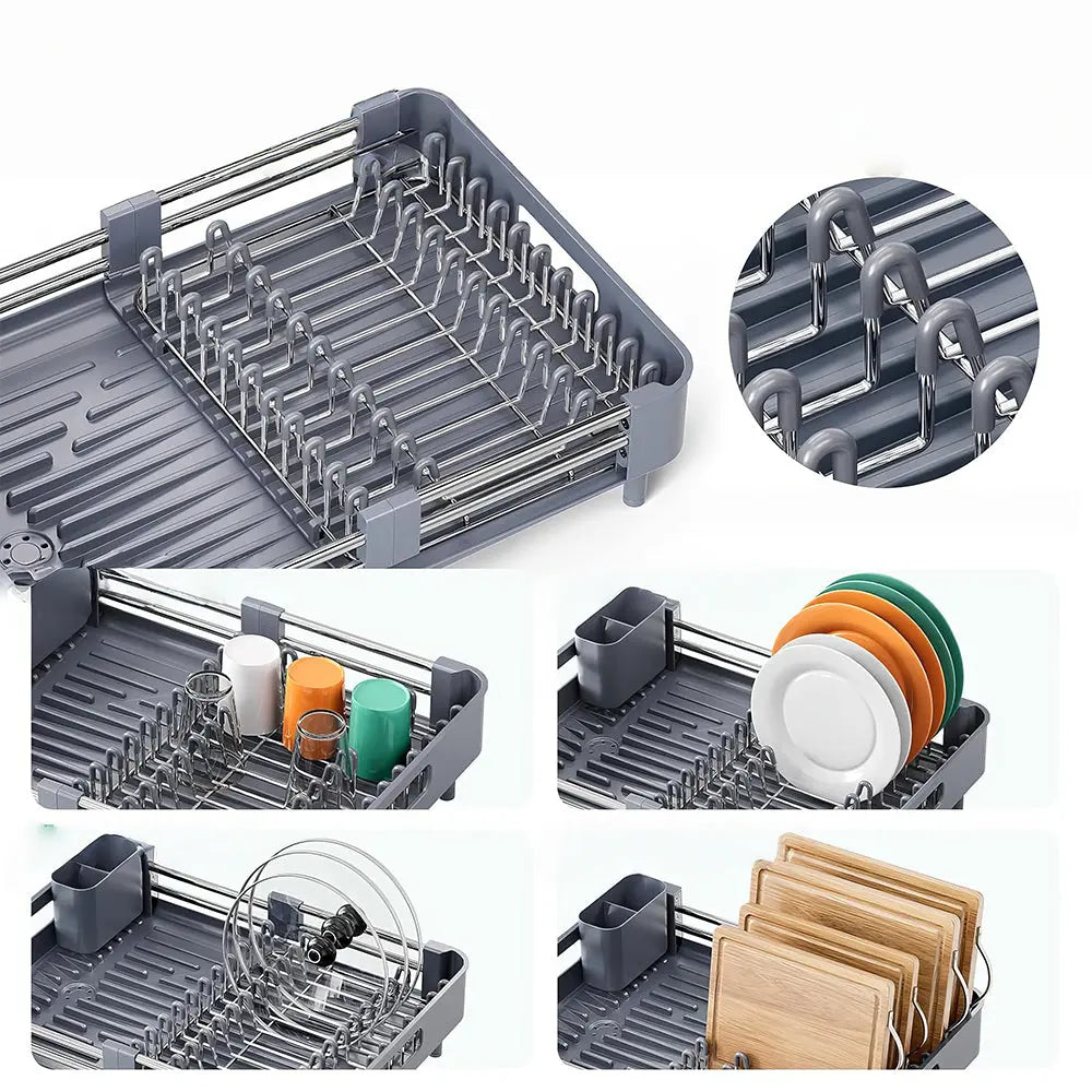 Extendable Foldable Aluminum Dish Drying Rack with Drainboard and Cutlery Holde