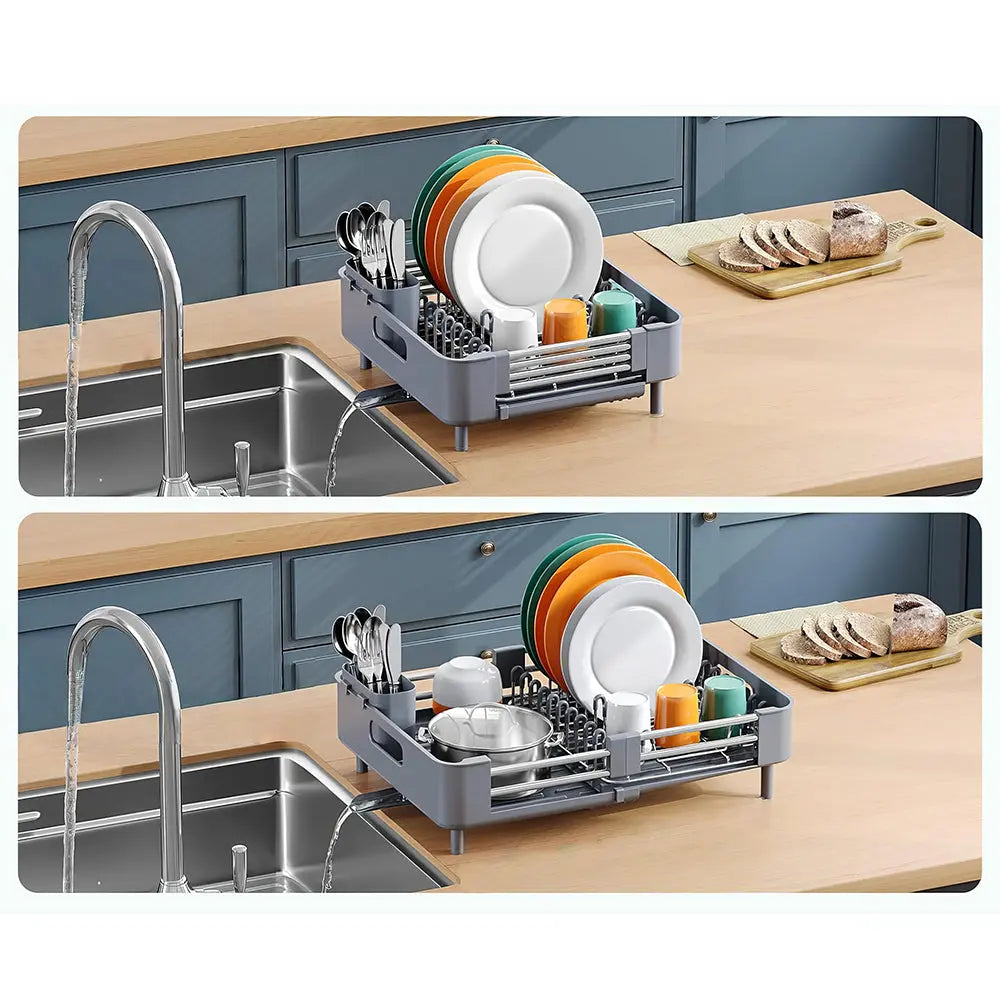 Extendable Foldable Aluminum Dish Drying Rack with Drainboard and Cutlery Holde