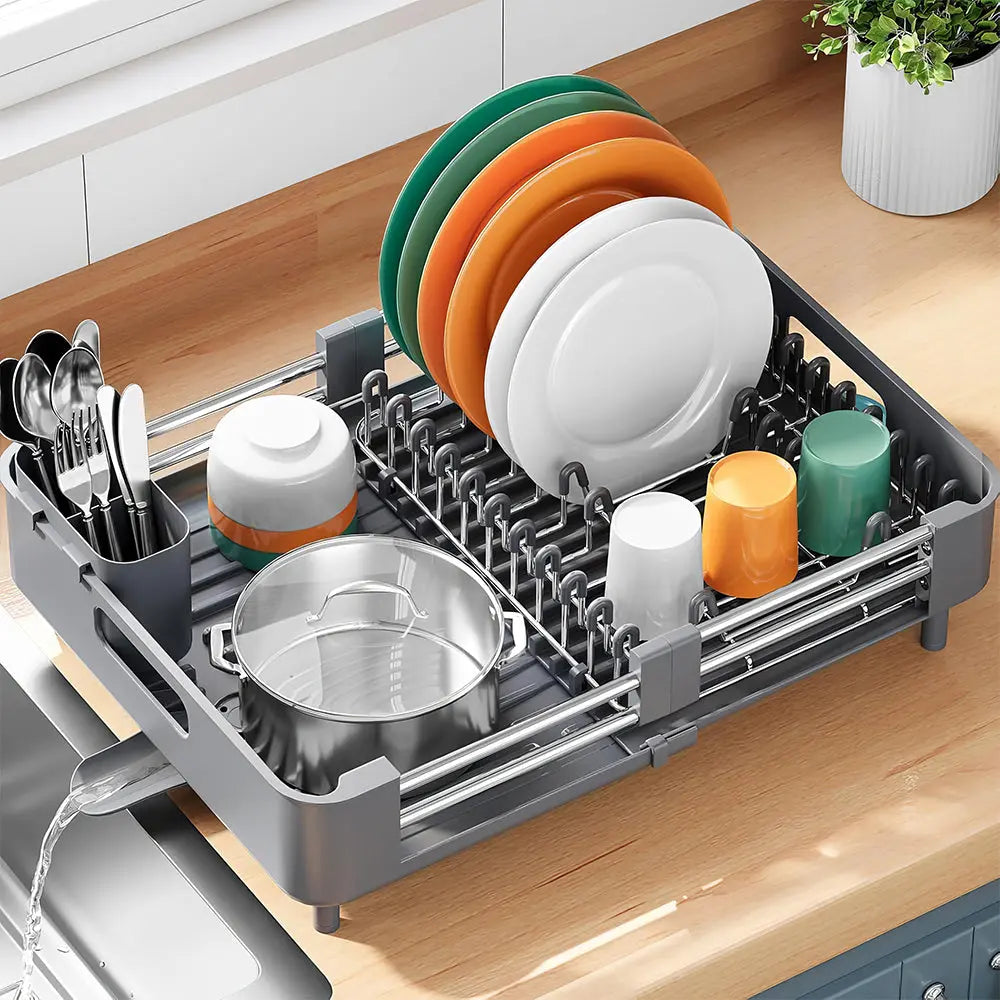 Extendable Foldable Aluminum Dish Drying Rack with Drainboard and Cutlery Holde