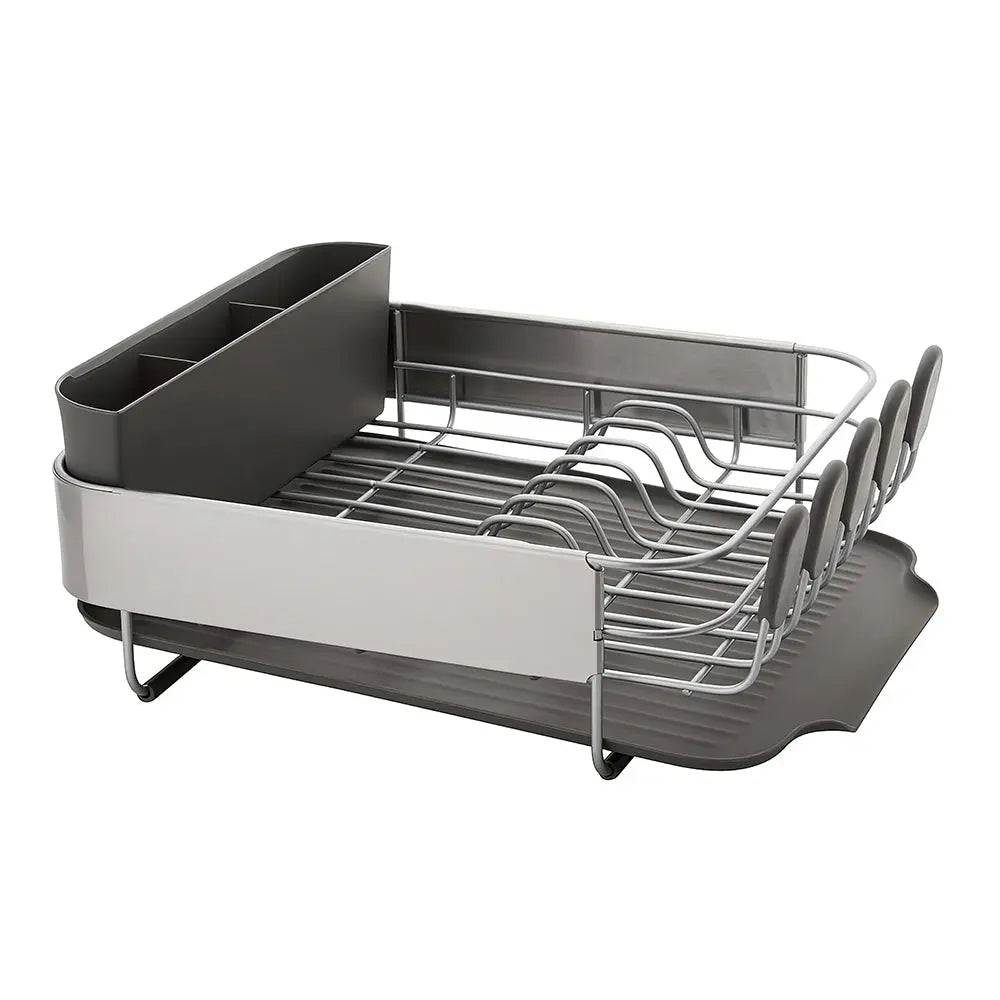 Compact Dish Drying Rack with Self Draining Angled Board and Flatware Caddy for Kitchen