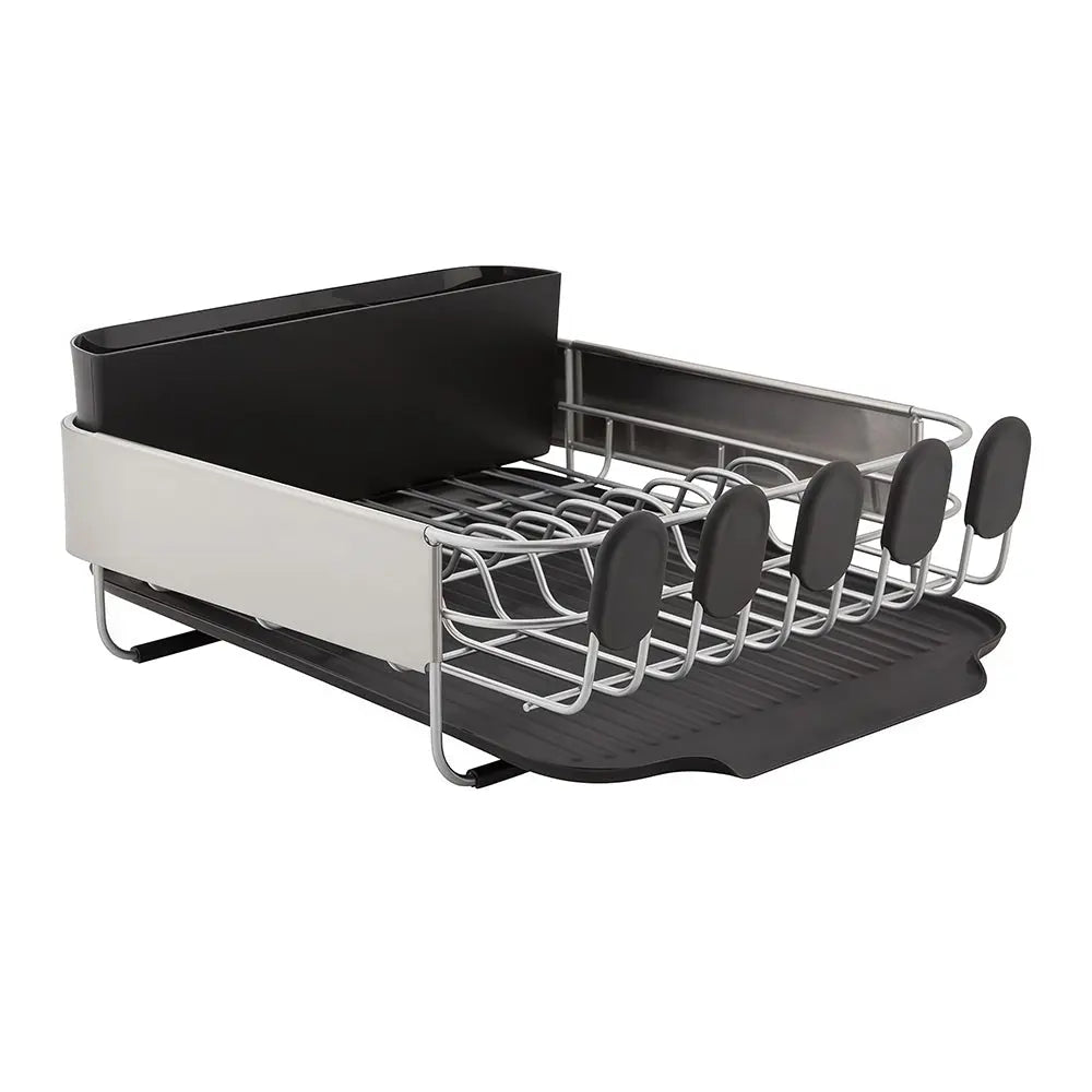 Compact Dish Drying Rack with Self Draining Angled Board and Flatware Caddy for Kitchen