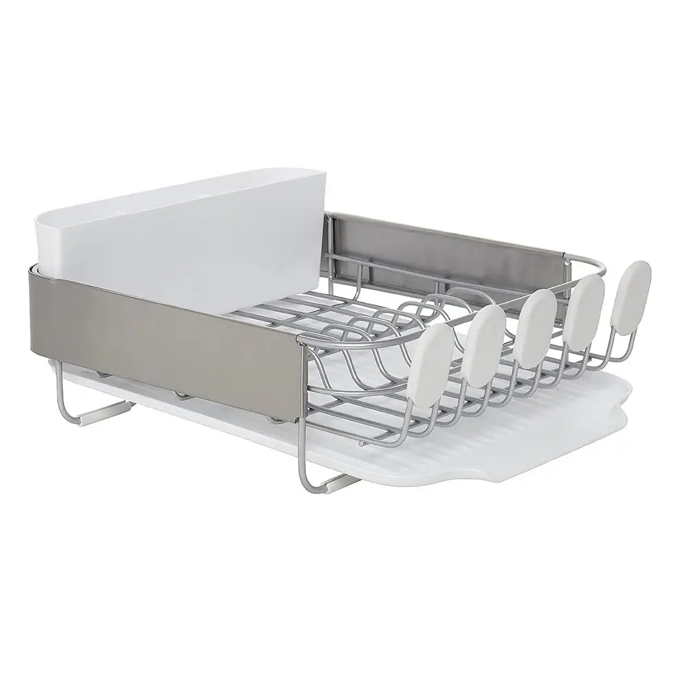 Compact Dish Drying Rack with Self Draining Angled Board and Flatware Caddy for Kitchen