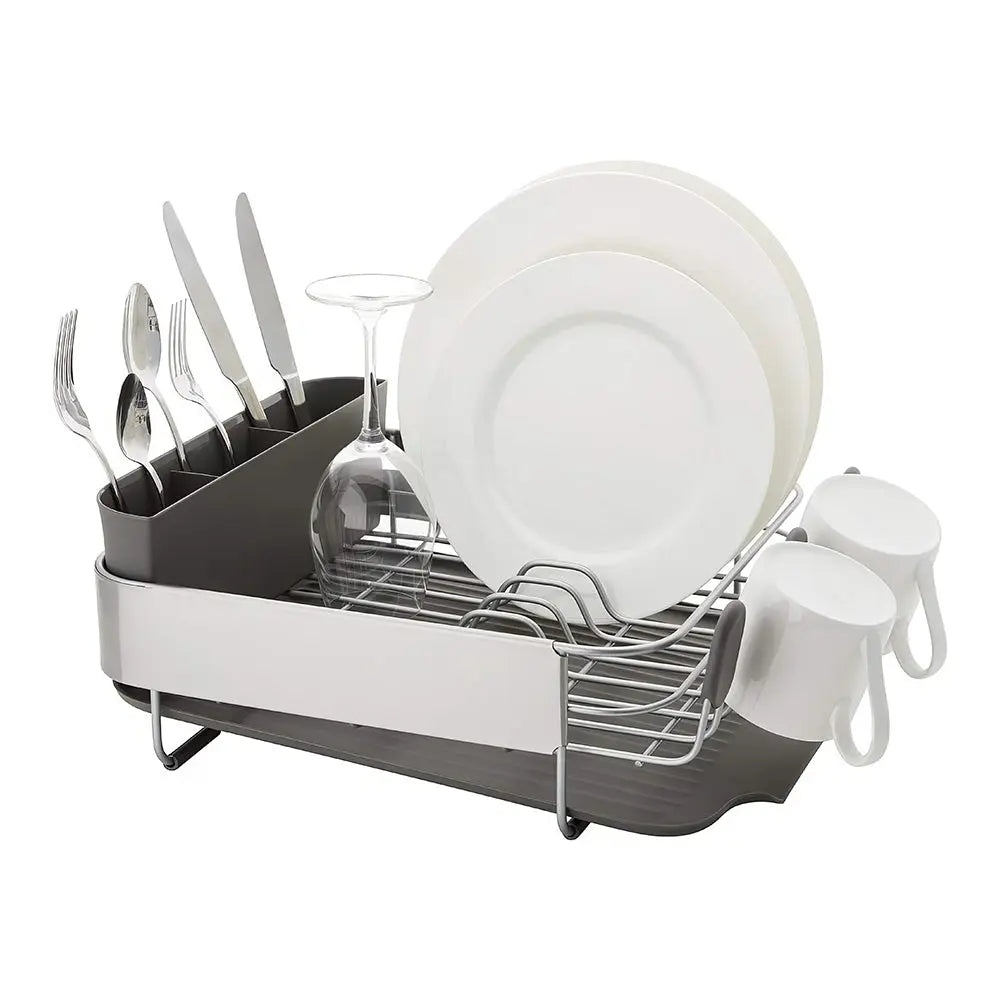 Compact Dish Drying Rack with Self Draining Angled Board and Flatware Caddy for Kitchen