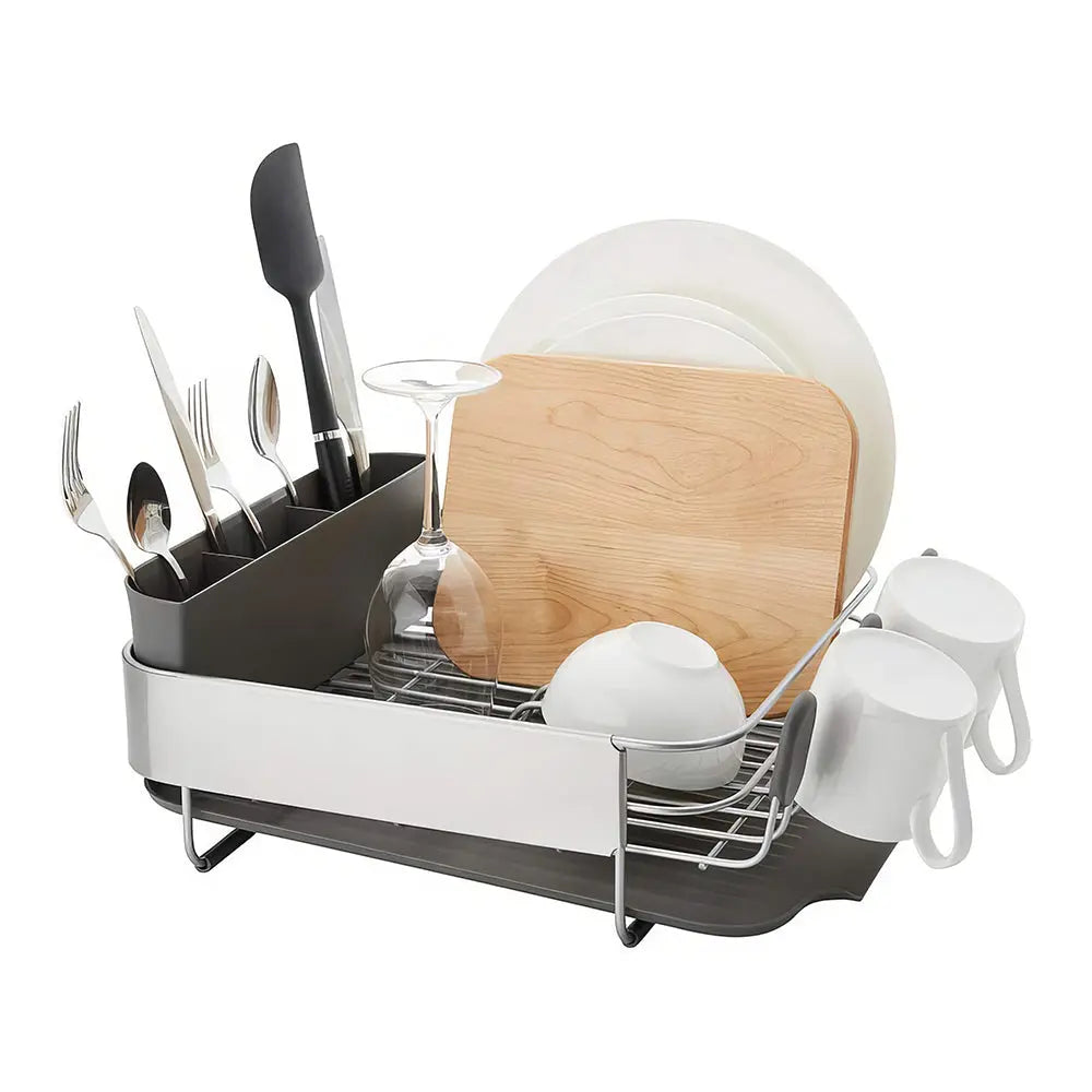 Compact Dish Drying Rack with Self Draining Angled Board and Flatware Caddy for Kitchen