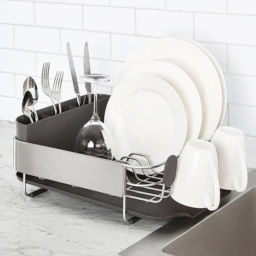 Compact Dish Drying Rack with Self Draining Angled Board and Flatware Caddy for Kitchen