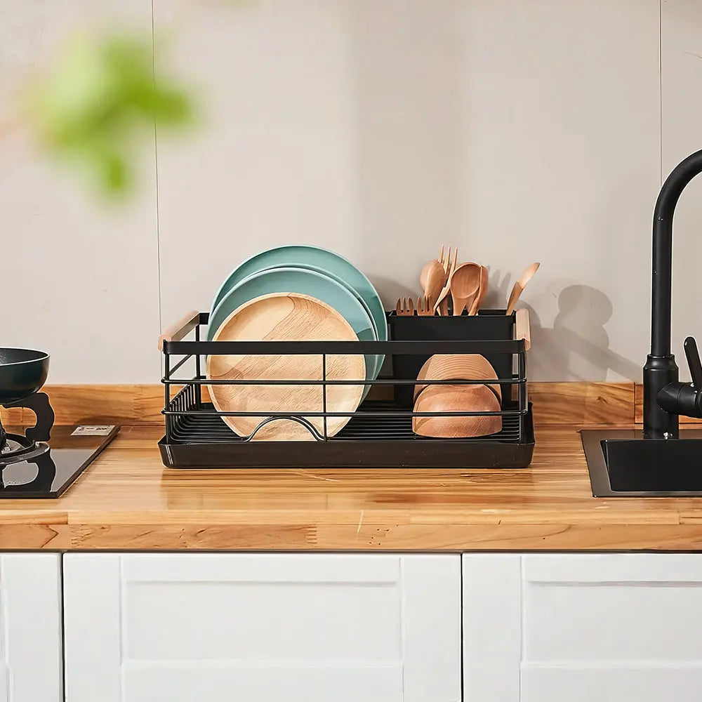 Stainless Steel Dish Drying Rack with Removable Cutlery Holder and Drainboard for Counter