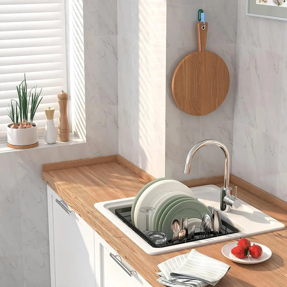 Kitchen Dish Drying Rack Set with Drainboard Full Mesh Utensil Holder and Caddy
